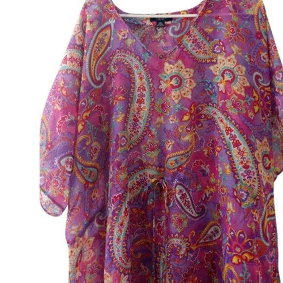 CHAPS Womens Tie Front Tunic Purple Paisley Floral Lurex Sheer Chiffon Plus 2X - Picture 2 of 3